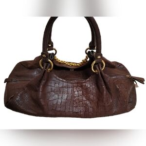 PERLINA genuine leather vintage embossed brown satchel handbag